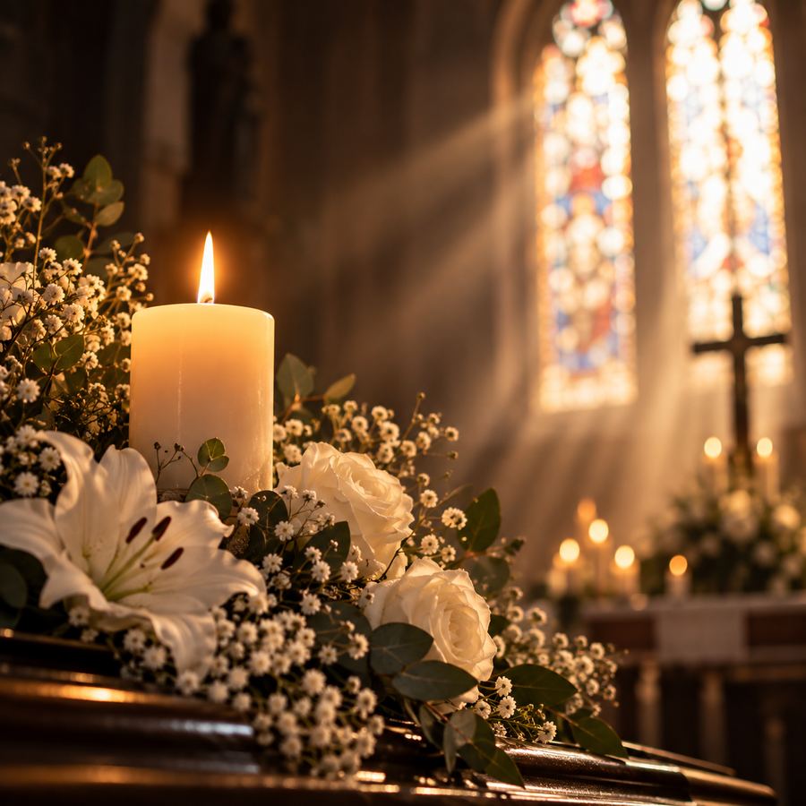Brennende Kerze mit weißen Blumen in einer Kirche